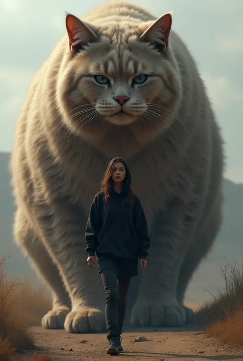 Im a woman in a black hooded casual shirt walking with an enormous giant cat outweighing me on the side 