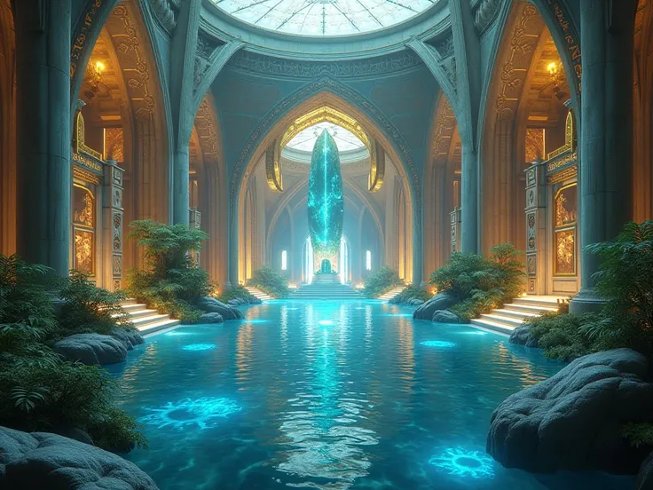  Design a magnificent palace in the heart of Atlantis, blending ancient mysticism with advanced technology. The palace is built from shimmering, translucent crystal that glows softly at night, reflecting the light of both the sun and the bioluminescent pla...