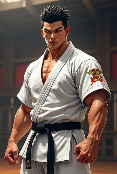 A male Shinkyokushin karate strong fighter wear Do gi with short sleeves ready to fight with strong leg , with text Dlight Dojo on and  small logo  Golden dragon with red feature on left slevees .