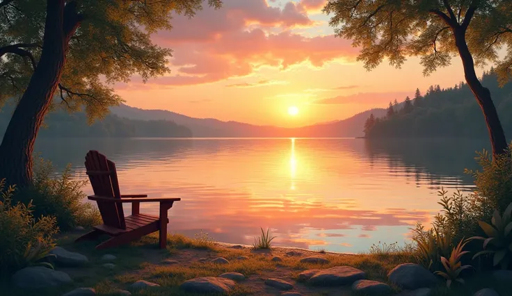 A serene lakeside sunset with soft ripples on the water and a cozy chair by the shore, evoking peace and relaxation