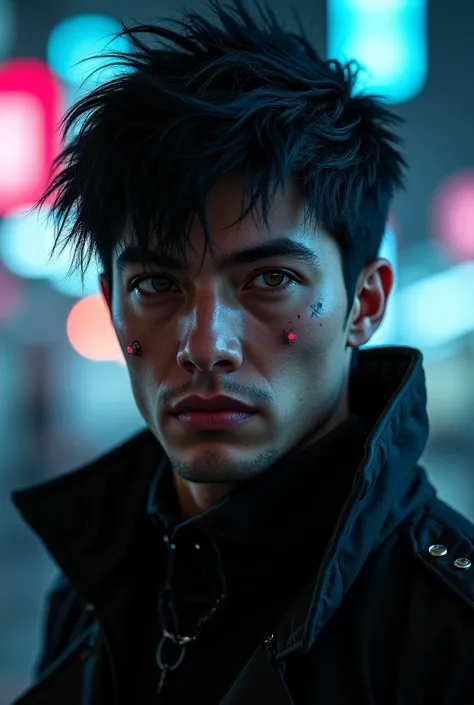 A black haired man potrait in cyberpunk 
