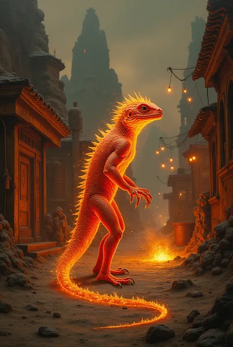 This captivating painting portrays a surreal scene of a fire-breathing lizard wandering through the market of the sulfur lizards. The lizard is a mystical creature, its body adorned with glowing, lava-like scales that shimmer in deep reds, oranges, and yel...