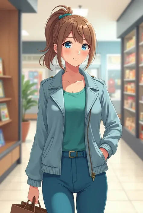 Anime girl, name Helen, she is 35 years old, and she have a mature body and her skin is clean white. Her hair is light brown short ponytail hair, her eyes color full blue like, her body is like a thick mother figure. And her outfit is light blue leather ja...