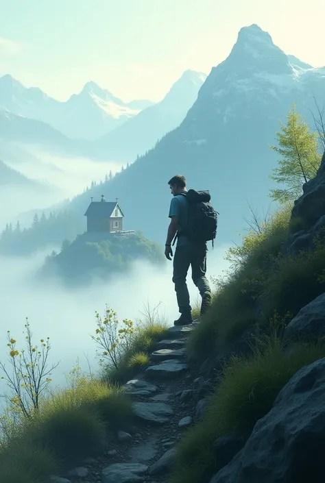 un homme au loin en ascension dune montagne au printemps rejoignant un refuge  une brouillard autour de lui