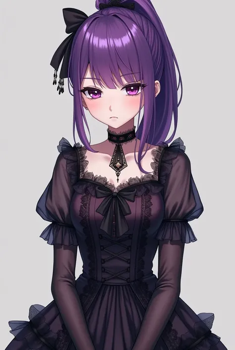  Create an image of a girl, Young,  wearing a gothic lolita outfit,  purple hair ponytail ,  She has a serious expression  