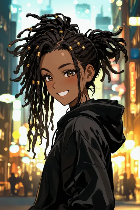 1Girl, Dark Skin, Long Straight Dreadlocks, Brown Eyes, Brown Hoodie, Black Gym Leggings, Looking At Viewers, Dramatic Pose, Wink, Smile, Teeth, Blush, Solo, City Night Background, Anime, High Resalution, Best Quality, From Side, 