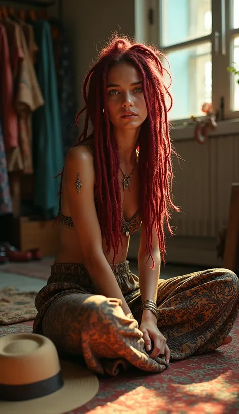 " Il représente une jeune femme bohème assise sur le sol dune pièce remplie de vêtements de style hippie .  Ses cheveux sont entièrement composés de dreads rouges ,  cheveux rouge cuivré naturel,Quelques cheveux décoiffés ,  décorés de perles de bois ,  pe...