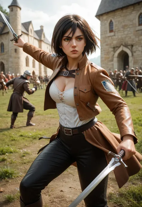 score_9, score_8_up, score_7_up, (masterpiece, UHD, 8K, 16K, ultra detailed), 1girl, from behind, mikasa Ackerman, cleavage, brown jacket, black pants,  fighting stance, medieval stronghold, diffused light, dramatic ambient