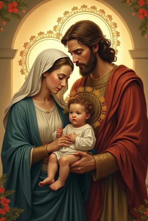 background image: An illustration of the Holy Family with Jesus,  Mary and Joseph .
