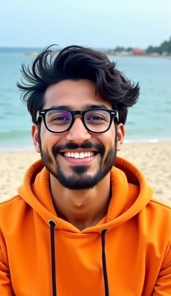 Potrait  of ashish Kapoor wearing glass at 30 years old with Wavy hair, moustache and beard, wearing orange hoodie and smiling at camera and walking in a beach