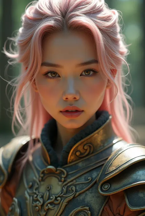 Close-up, Asian woman, Pale Pink hair, closed mouth, antique bronze armor, combat pose, dynamic pose, complex fantasy character, NSFW, cinematic lighting, fantasy, magic, detailed background, on a wooded battlefield, best quality, HDR, 8k, photorealistic, ...