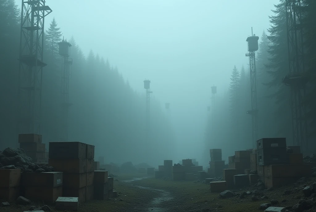 Draw a Gloomy Glade, there is fog around, and in the clearing, boxes are stacked in several heaps. In the forest, instead of trees, metal structures