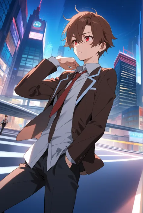 

 a boy with reddish brown hair and red eyes with a strong sense of justice
Going to school in a futuristic city　Im late, 