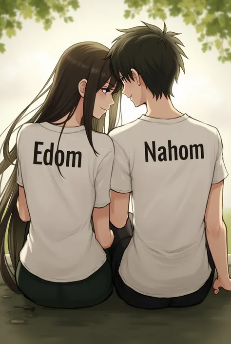 Couples sitting the girl have long hair and there is written EDOM on her shirt and his shirt is also written NAHOM and they are sitting 