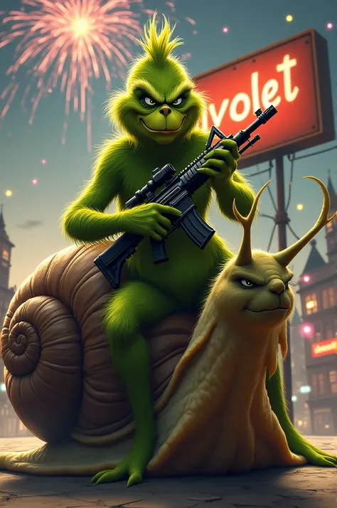 The Grinch on a snail, with an assault rifle in his hands, in the background a sign with written on the snail of the Nivolet, a beautiful fireworks 