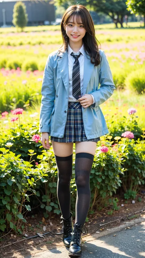 (8k、     RAW photos   、   top quality、masterpiece   :1.2)、(   realistic  、   realistic  )、1 person、((bangs、 ties、 shows shoulders、tights、 boots、Light blue jacket、 Long Sleeve 、smile、whole body、 black plaid mini skirt、 shows shoulders、Flower Field、Narrow wa...