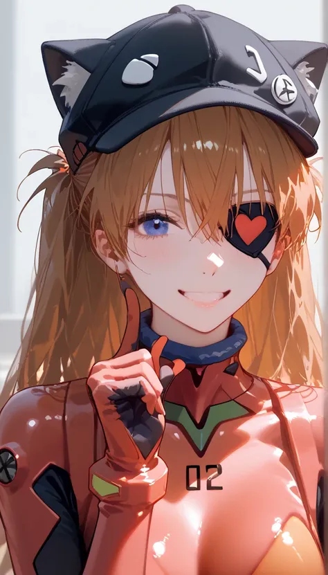 (masterpiece,  top quality ),    1 girl, Heart face mark  ,  v over eye   ,,   Neon Genesis Evangelion 、   Shikinami Asuka Langley、   red plug suit   、   eye patch、(Cat hat、black)、smile、   raise your hand, fingertip 、   upper body、