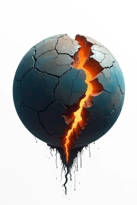 An all-cracked planet Earth ,  as if it were about to explode ,  an orange light emerges from its cracks.  white background