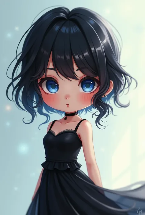  dark-haired girl with blue eyes , in a black dress, chibi art 