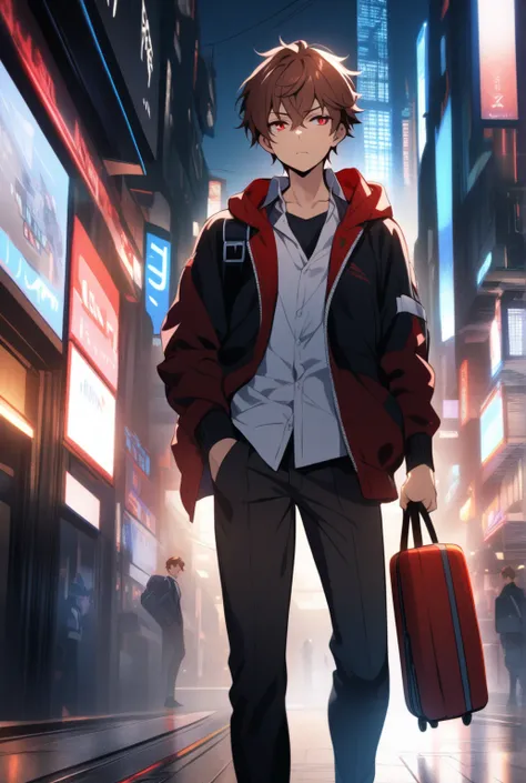 

 a boy with reddish brown hair and red eyes with a strong sense of justice
Going to school in a futuristic city　Im late, but 