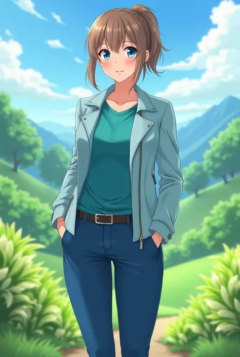 Anime girl, name Helen, she is 35 years old, and she have a mature body and her skin is clean white. Her hair is light brown short ponytail hair, her eyes color full blue like, her body is like a thick mother figure. And her outfit is light blue leather ja...