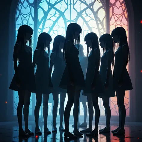 8K HDR Art of Teen's Tiny Body Dark Silhouette in Live-Action, Aesthetics, Very Skinny BodySuit, Professional Group-Photo, Different types of Girls, Different Ages of Girls, Oiled AlbinosSkinTone, KAWAII Face variations, LeggyPose from below, Super-Detaile...