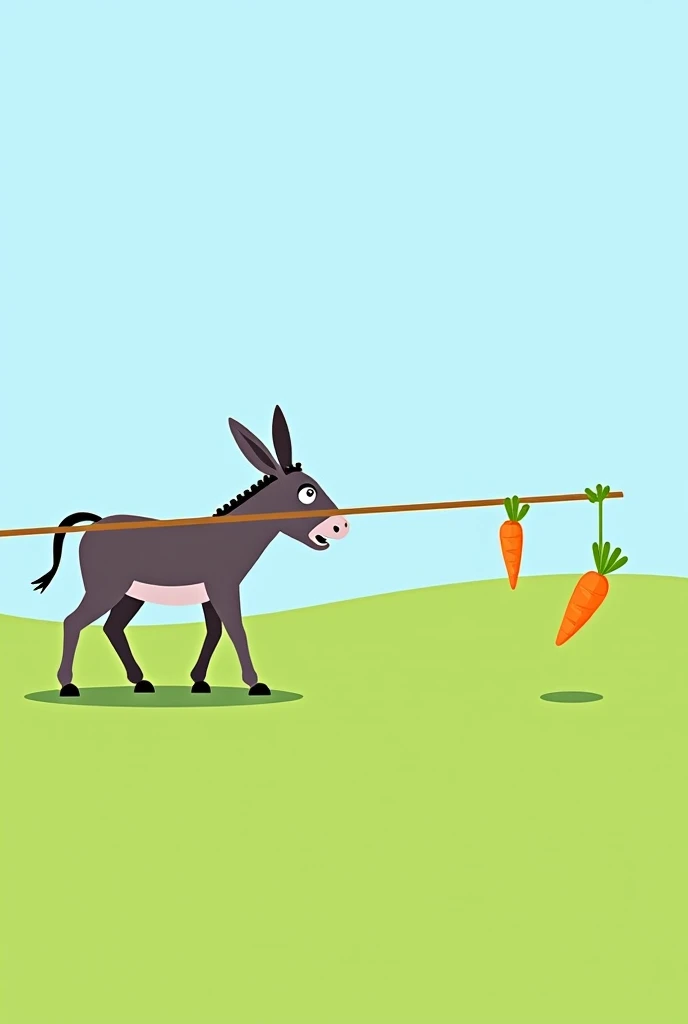 A donkey with a stick tied to its back. The stick extends in front of the donkey with a carrot dangling from its end, positioned just out of the donkeys reach. The donkey is chasing the carrot, clearly frustrated but determined, as it tries to move closer ...