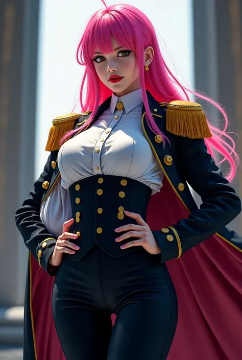 suggest lora set 0.6-0.8 and add "Hina one piece, pink hair, makeup, red lipstick, white shirt looks big breasts, black vest, black suit, cloak, epaulettes, military uniform" immediately