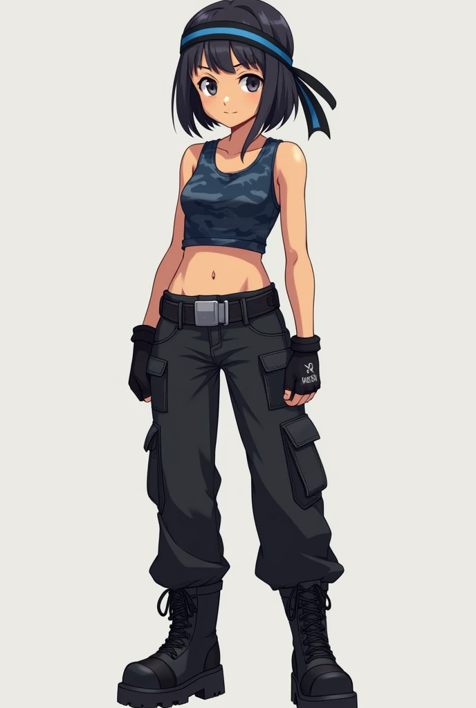 Create an anime girl with tan skin with bob haircut wearing:
Top: Dark blue crop top with a subtle camo pattern, giving a tough and sporty impression.

Bottoms: Black cargo pants with lots of pockets, practical and suitable for combat.

Shoes: Heavy black ...