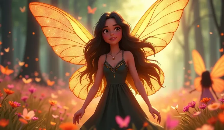  cartoon image a story of Disney-style YouTube videos : format Pirax.  Journey through the Forests of Happiness : Zira,  dress with shiny transparent wings , slightly resembling butterflies . She has long, loose,  black hair,  with a resolute expression on...