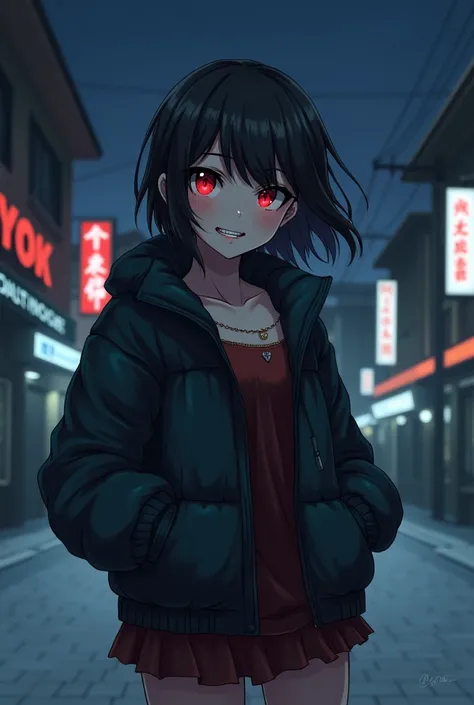 1girl, horror art, masterpiece, intricate details, mature woman, skinny, seductive look, slutry look, red eyes, black hair, short hair, winter clothes, tall body, seductive smile, evil smirk, puffy jacket, sadistic grin, showing teeth, free neck, night tim...