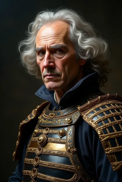 a photorealistic portrait of isaac newton wearing a samurai armor, extremely detailed face and eyes, sharp focus, studio lighting, 8k, dramatic lighting, cinematic composition, chiaroscuro, renaissance style, oil painting, intricate details, highly realist...