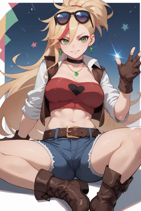 20 year old girl, long flowing blonde hair, blue sunglasses on head, cute face, green eyes, light blush, green earrings, prism necklace, black tube top, open midriff, red vest, brown biker gloves, jeans, brown belt, steel toe boots, large chest