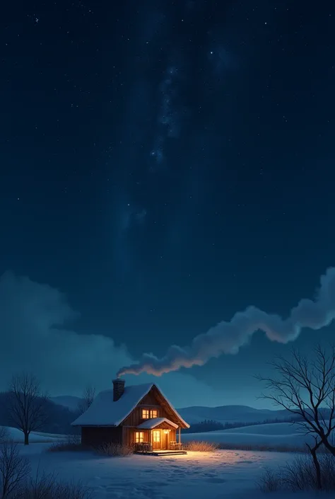 A warm house with starry cold night sky. Realistic. 