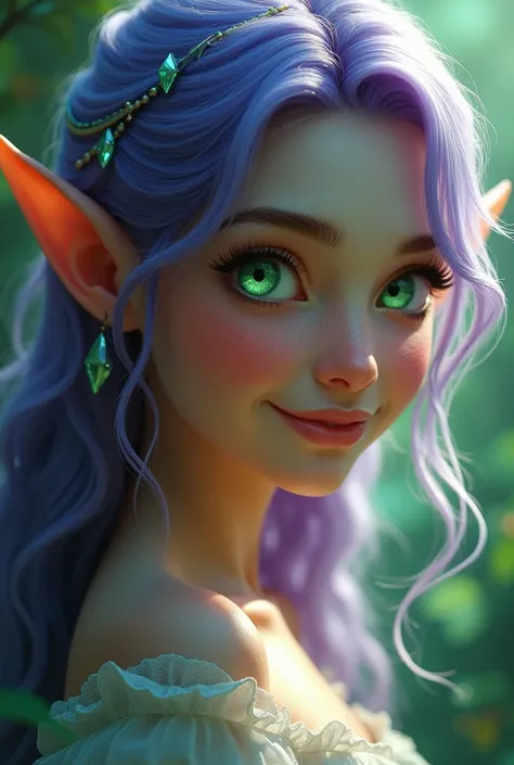 A close up side view beautiful elf young woman, smile, purple hair with green cinematic light, green diamond eyes