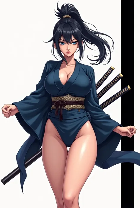 Adult woman 2D in short kimono, dark blue with 3 katanas on the thin waist wide hips shapely legs, blue slanted eyes, plain black side stripe, high ponytail hair, black smooth, with big round breasts 2D art