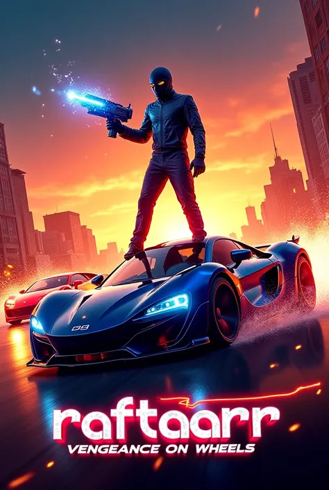 And please be prectical and have a realistic approach A high-octane sports crime action movie poster for "Raftaarr: Vengeance on Wheels." Sleek futuristic supercars blaze through a neon-lit urban landscape under a dramatic sunset. The scene captures intens...