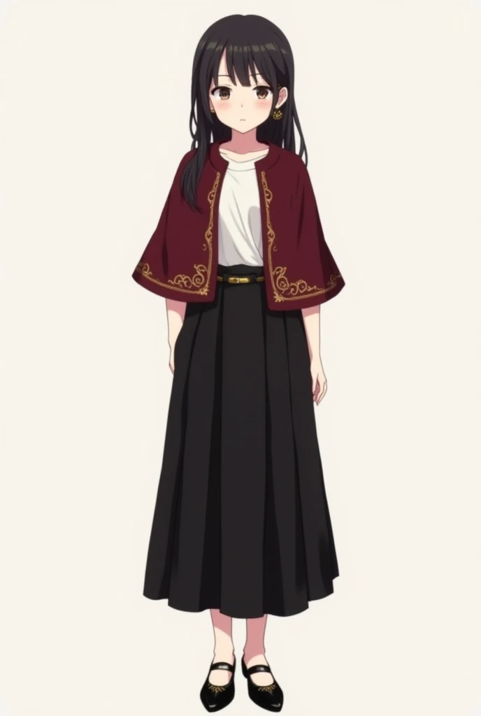 An anime woman that wear:
Top: A maroon capelet with a gold embroidered pattern, covering the shoulders and part of the upper body. Inside is a simple top in the form of a white shirt without a collar.

Bottom: Dark black midi skirt with subtle pleats, giv...