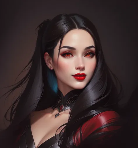 a woman with a red lipstick and a black hair, digital art. @mariomaniacdude, realistic beautiful face, digital art of an elegant, detailed face with red lips, in the art style of bowater, upper body 2d game avatar, cartoon digital painting, inspired by Sim...