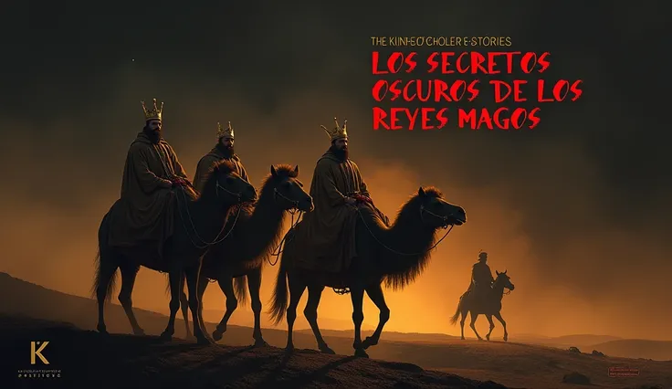 Título: LOS SECRETOS OSCUROS DE LOS REYES MAGOS Descripción: "Depict three wise men traveling in a dark, cinematic scene. One is riding an elephant, another on a camel, and the third on a horse. All of them are dressed in royal attire, with golden crowns, ...