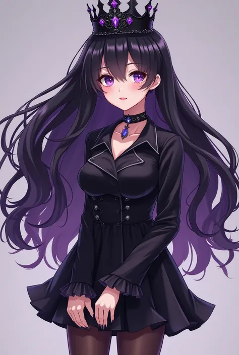  Anime girl with black hair overflowing with purple,  purple eyes, Light skin, , the crown is black with purple stones on her , wearing dark heels , , the manicure alternates with black and purple colors ,  in tights and a glossy dark dress , curvy adult