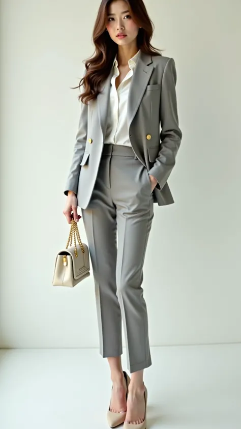 Super slim + fine skin + Japanese beauty + 1 girl,solo, ,solo, slender physique, long wavy brown hair, wearing a light gray tailored pantsuit, double-breasted blazer, fitted trousers, white collared shirt tucked in, beige pointed-toe high heels, holding a ...