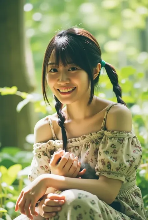  floral dress with a bow on her head,Smiling with white teeth、Healed face 、20 year old woman holding a kitten on her lap , Side Angle ,Forest Background, bright color 16k super realistic detail 