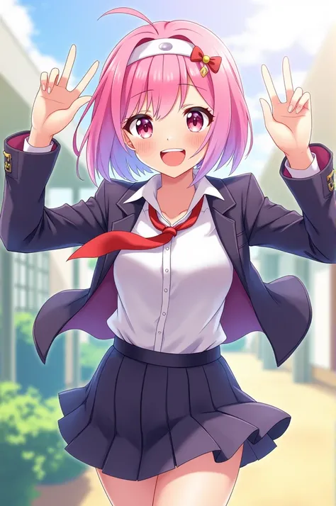 A lively and energetic girl with short, vibrant pink hair that gradually transitions into a soft purple at the tips. Her hair is styled in a cute, slightly messy bob cut, adding to her playful and dynamic personality. She has bright, expressive eyes that r...