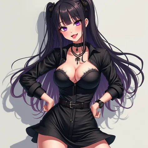 anime style. 20 year old goth girl with c cup tits. Fully clothed wearing a shirt and a skirt. Posing like a slut with her tongue out and crying