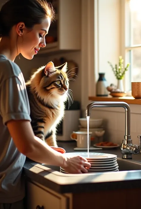 A cute scene unfolds in a cozy kitchen where a fluffy cat is comfortably perched behind its mom. She stands at the sink, focused on washing a stack of plates, water glistening as it flows from the faucet. The cat watches intently, its eyes wide with curios...