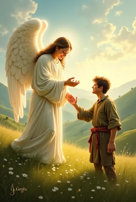 An angel dressed in white holding the hand of a poor man showing packages of Gods mercy in the field