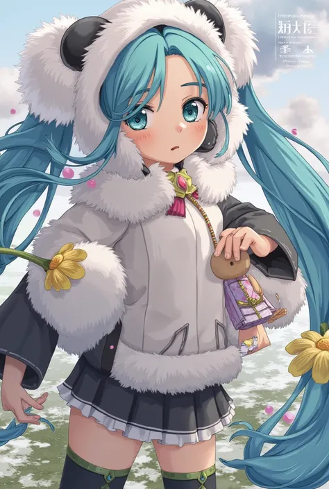 (masterpiece、 top quality 、 top quality 、 Official Art、beautiful beautiful:1.2)、( 1 girl:1.3) Hatsune Miku 、 twin tails,Beautiful breasts、 cute girl、Inomata Mutsumi Kaze、 Im wearing a fluffy bear hood、 little character holding paper、Im holding a stuffed be...