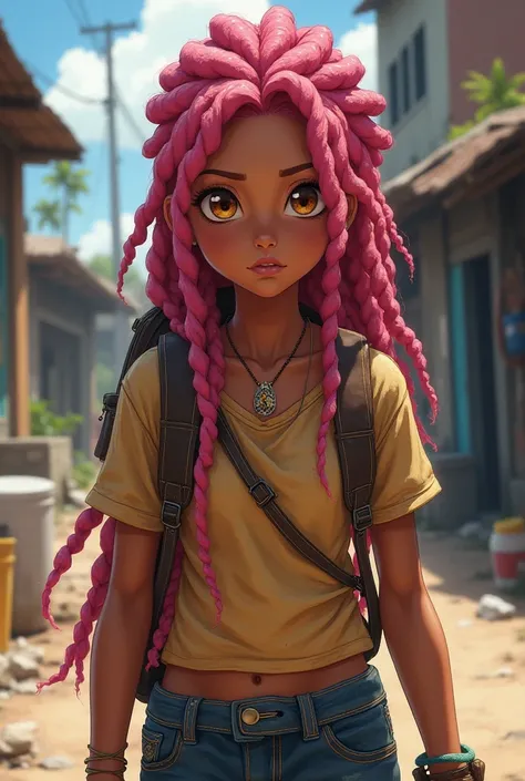 Inca anime girl poor movie with pink dreadlocks and brown skin and honey eyes