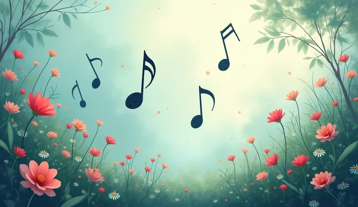 Create a beautiful image with musical notes, incorporating attributes that convey a relaxing atmosphere through the melody of the inspiring music. Picture a serene scene with gentle notes floating in the air, surrounded by soft hues of calming blues and gr...